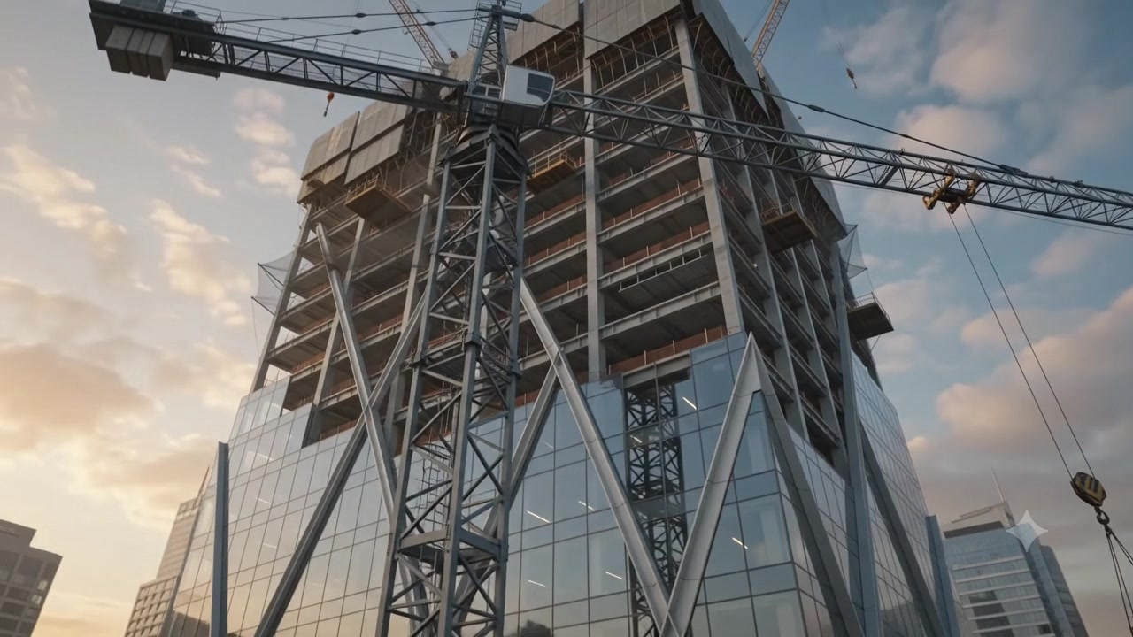 Tower under construction with crane